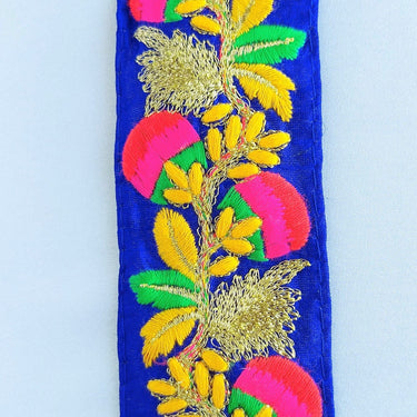 Royal Blue Art Silk Fabric Trim With Red, Pink, Green